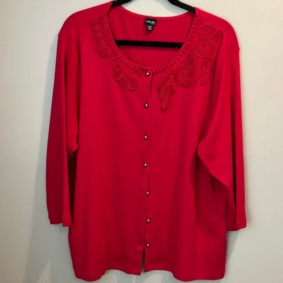 Rafaella Red dressy Button Down light cardigan sweater 2x flower detail, - Picture 1 of 6